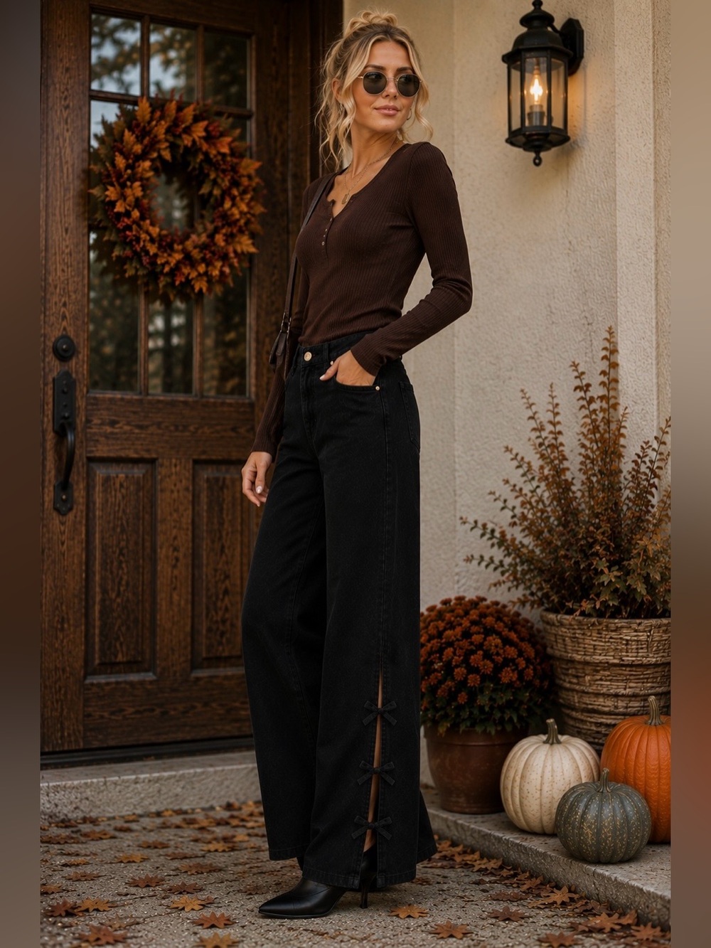 High-Waist Wide Leg Black Jeans with Side Bow Detail - 697